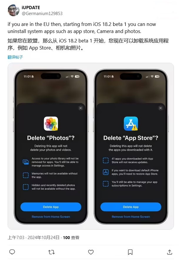 兴文苹果手机维修分享iOS 18.2 支持删除 App Store 应用商店 